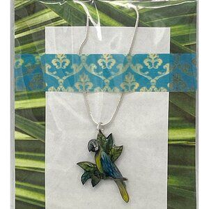 Parrot Pendant Necklace Silvertone 18" Chain Buffet Handmade Blue Macaw